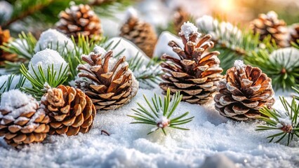 Snowy Pine Cones in Winter Forest