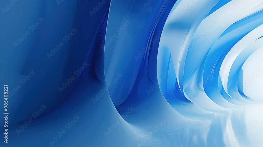 Poster Abstract minimalistic blue background illustration featuring smooth wave design. Delicate curve motion flow lines abstract design background scene detail silence snowy surface white clean form style