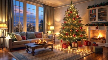 Cozy Christmas Living Room with Decorated Tree and Fireplace