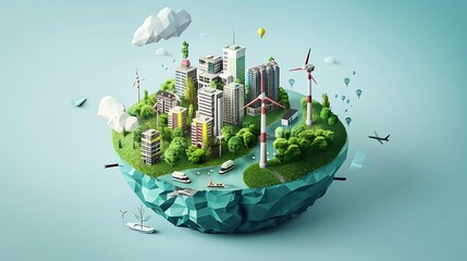 Miniature city on a floating island with wind turbines and natural surroundings for representing sustainability eco-friendly living and green energy in futuristic urban design concept.