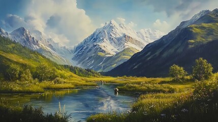 Obraz premium Lush mountains and serene river landscape.