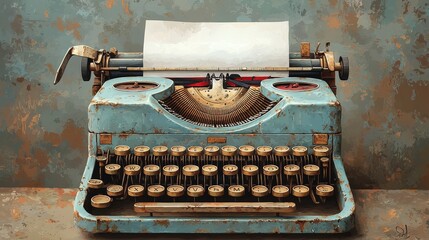 Vintage Blue Typewriter on Rustic Background