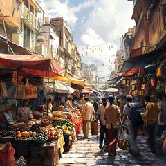 Naklejka premium A photo realistic illustration of a vibrant street market, bustling crowds, colorful stalls, and exotic goods, capturing the energy and diversity of cultural exchange