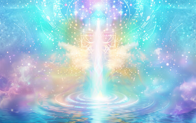 A blurred light blue sea of awareness shaped by swirling waves, with a white glowing hologram crystal temple made of light at the center. Surrounding it, a rainbow of colors and stars 
