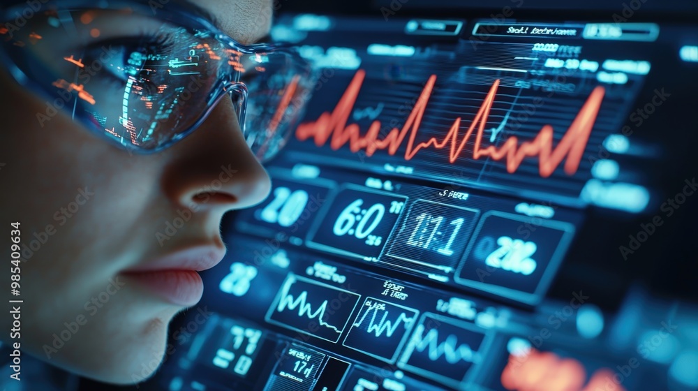 Aufkleber close up of person wearing protective glasses looking at digital display with data and graphs