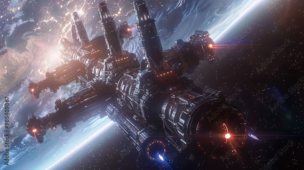 Poster futuristic spaceship orbits a planet in the vast expanse of space, with stars and galaxies visible i
