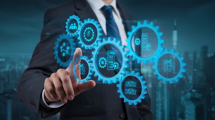 data integration concept with gears and icons in a futuristic, Digital transformation, Information systems, Data processing, System integration