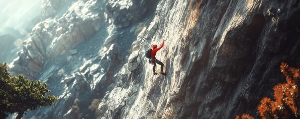 Obraz premium Climber scaling a rocky mountain cliff