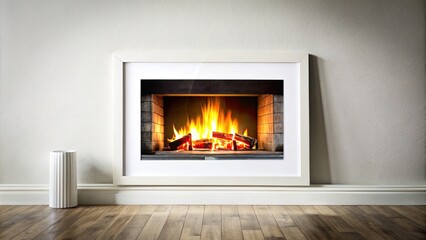 Modern fireplace with a bright fire in a minimalist living room.