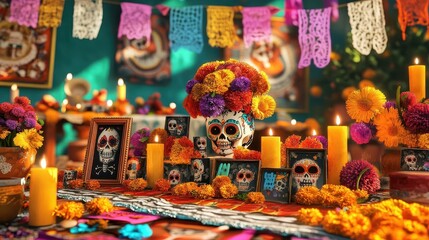 Traditional Day of the Dead altar with sugar skulls, candles, and marigolds.
