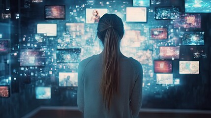Back view of woman connecting to animated content, big data visualization of metaverse with viral video, social media profile