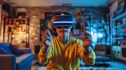 Obraz premium Photo of a boy having fun playing a metaverse game using a wearable VR headset in his living room at home, playing online sports games, home technology