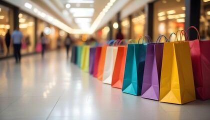 Naklejka premium Colorful shopping bags in a shopping mall, with blurred backgrounds and lights.