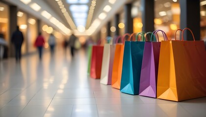 Naklejka premium Colorful shopping bags in a shopping mall, with blurred backgrounds and lights.