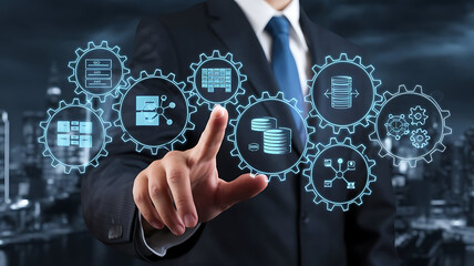 data integration concept with gears and icons in a futuristic, Digital transformation, Information systems, Data processing, System integration