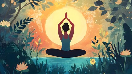 International Yoga Day poster illustration with a serene scene of a woman in a yoga pose
