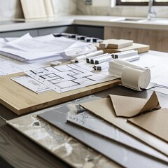 Detailed Kitchen Renovation Planning Layout with Blueprints, Material Samples