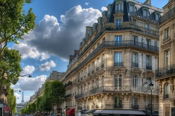 Paris street scene with beautiful buildings. Black roof building with white walls, balconies, red awning. Lined with trees, lamppost, green roof building, white facade building. Clear blue sky,