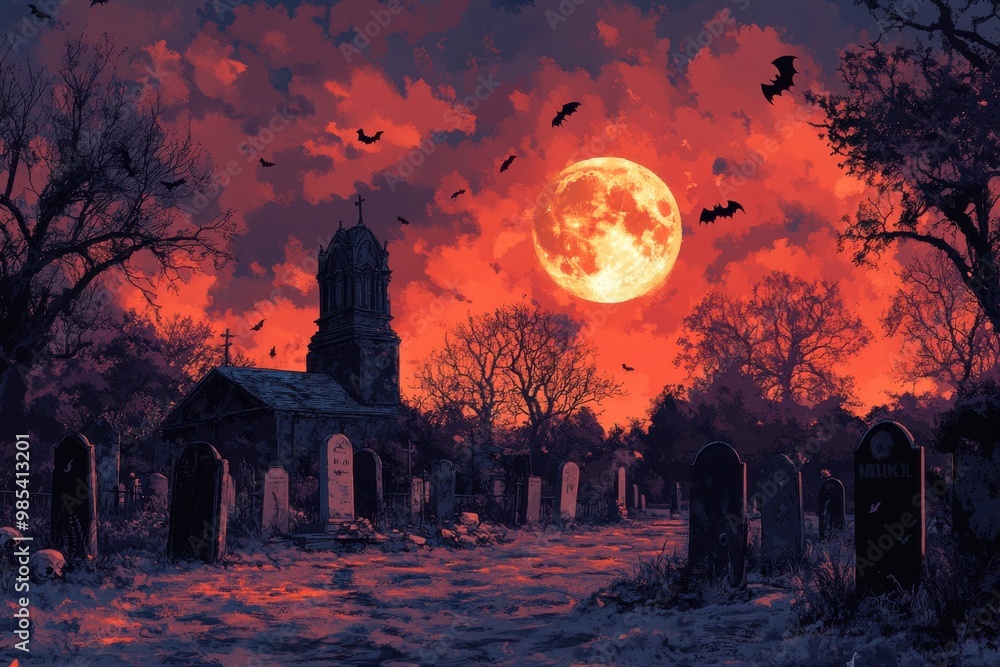 Wall mural A graveyard with a church and a cemetery with a full moon in the background