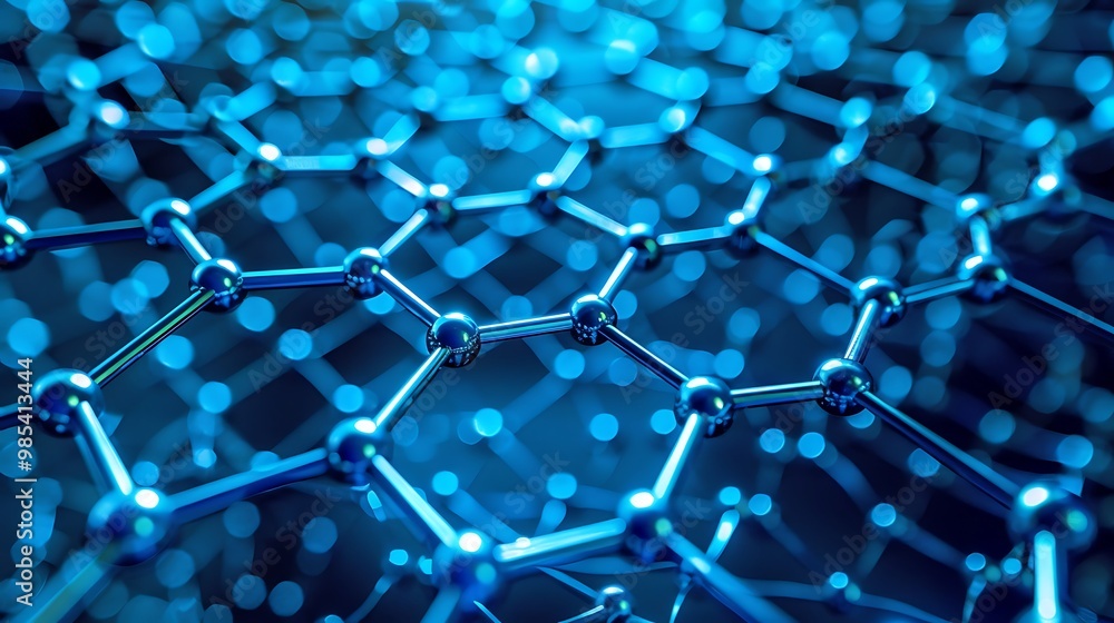 Poster abstract representation of a molecular structure with a hexagonal pattern and blue metallic spheres 