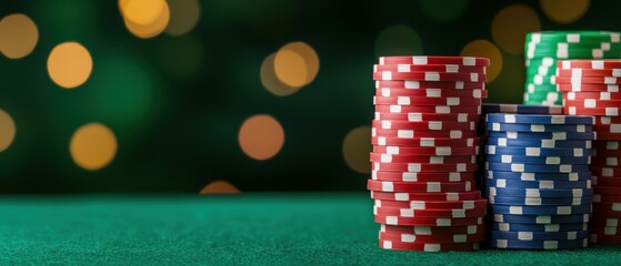 Fototapeta premium Poker Chips Stacked with Colorful Bokeh Background
