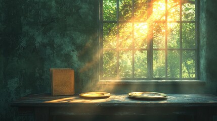Rustic Wooden Table with Golden Plates and Sunbeams Through Window