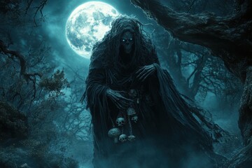 A creepy figure with a large skull on its shoulder stands in a dark forest