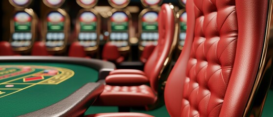 Obraz premium Elegant Casino Table with Red Chairs and Green Felt