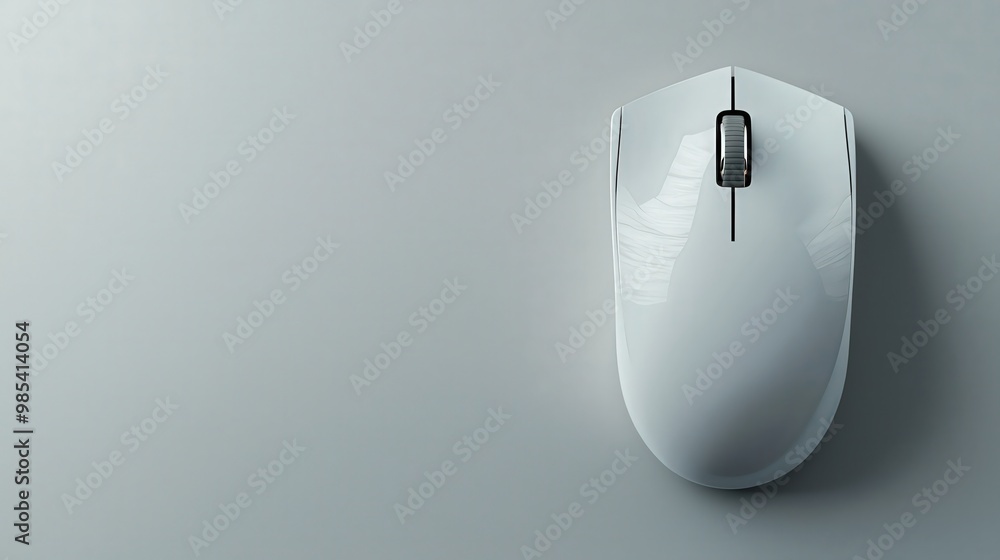 Poster white wireless computer mouse on grey background