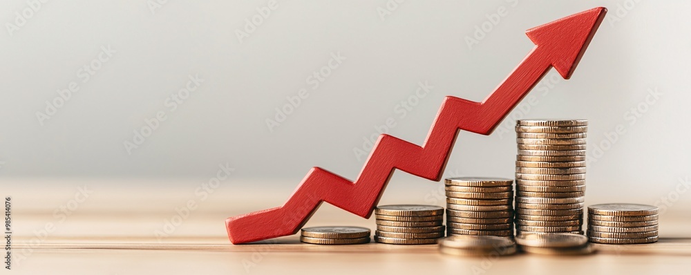 Poster stack of coins with a red downward arrow, illustrating the effect of falling interest rates on savin