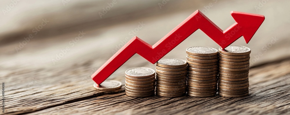 Poster stack of coins with a red downward arrow, illustrating the effect of falling interest rates on savin