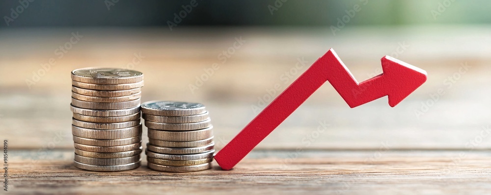 Poster stack of coins with a red downward arrow, illustrating the effect of falling interest rates on savin