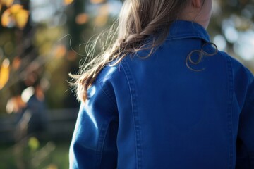 Close-up of a young female wearing a blue FFA jacket with embroidered emblem. National organization logo on clothing. Atlanta, GA, USA location. Educational uniform for students.