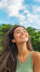 Naklejka premium Smiling Woman Enjoying Nature with a Backdrop of Trees and Sky
