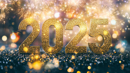 Sparkling "2025" in gold against a festive backdrop of glitter and lights, symbolizing New Year's celebration and anticipation for the year ahead.