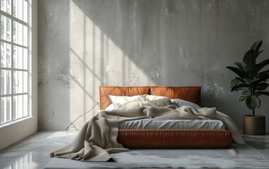 Industrial trendy bedroom decor with a terracotta leather bed near houseplant on pot and carpet against a grey grunge concrete wall