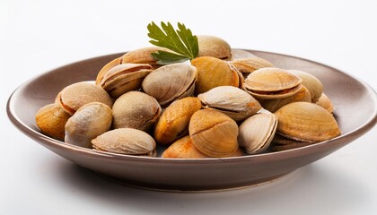 Spanish Food, Almejas a la Marinera on white background isolated.