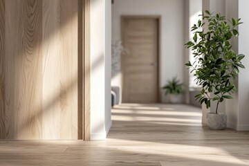 Stylish wooden texture door in a corridor of a modern house with houseplants decor and wooden flooring in natural light. Contemporary interior design