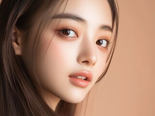 Fototapeta premium Striking Close Up Portrait of a Captivating Asian Woman with Flawless Skin and Graceful Elegance