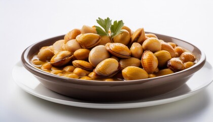 Spanish Food, Almejas a la Marinera on white background isolated.