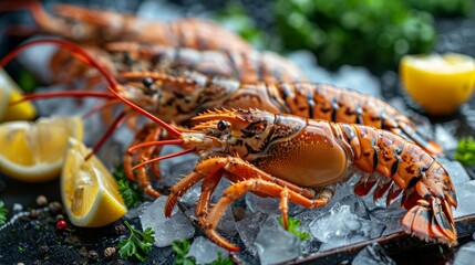 spiny lobster seafood on ice, fresh lobster or rock lobster with herb and spices lemon coriander parsley on background, raw spiny lobster for cooking food or seafood market - top view 