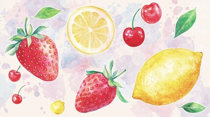 Stylized Fruit with Soft Pastel Watercolor Textures