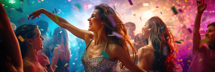 Caucasian woman dances joyfully on nightclub dance floor wearing a silver sequin dress. Energetic movement with arms raised high, surrounded by vibrant atmosphere, colorful lights and confetti.