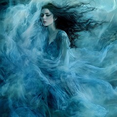 Ethereal woman in flowing blue dress