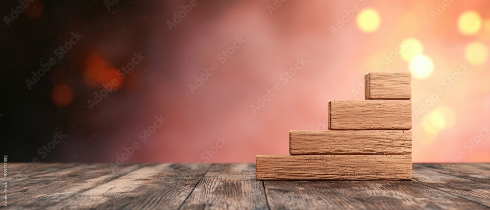 Poster stacked wooden blocks on a dark background with bokeh