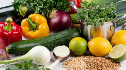 Vegan cooking ingredients with fresh vegetables, herbs, and cereals for World Vegan Day