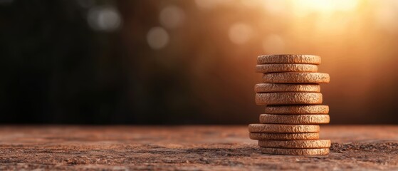 Obraz premium Stacked Coins on Rustic Wooden Surface at Sunset