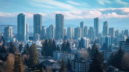Cityscape in Metrotown, Burnaby, Canada. Modern architecture with skyscrapers and towers. Cloudy sky with scenic view of city landscape. Landmark buildings with glass and steel.