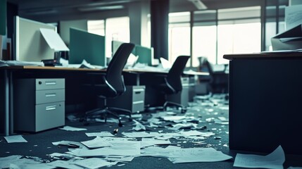 Empty office with chairs toppled and papers scattered, Failure, corporate liquidation