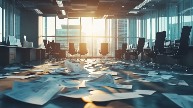 Empty office with chairs toppled and papers scattered, Failure, corporate liquidation